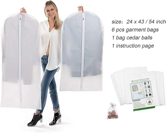 Mskitchen Garment Bags for Hanging Clothes, Clear Plastic Closet Storage Covers with Cedar Balls, 24" x 43"/54”, 6 Pack