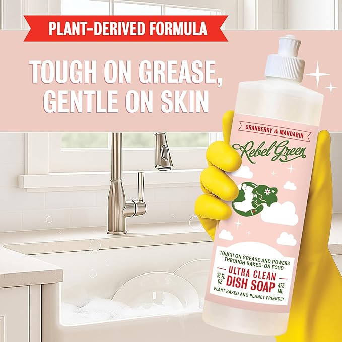 Rebel Green Super Deluxe Dish Soap - Plant-Derived Sustainable Dishwashing Soap - Cranberry & Mandarin Scent - 16 fl oz - 2 Pack