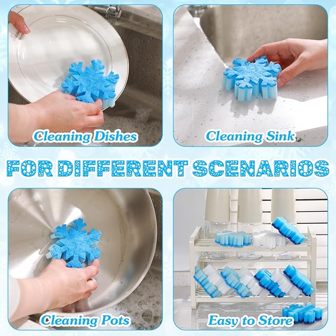 Tioncy 12 Pack Christmas Snowflake Sponges Bulk White Blue Dual Sided Scrubber Christmas Kitchen Sponges Dishwashing Non Scratch for Kitchen Accessories Dish Scouring