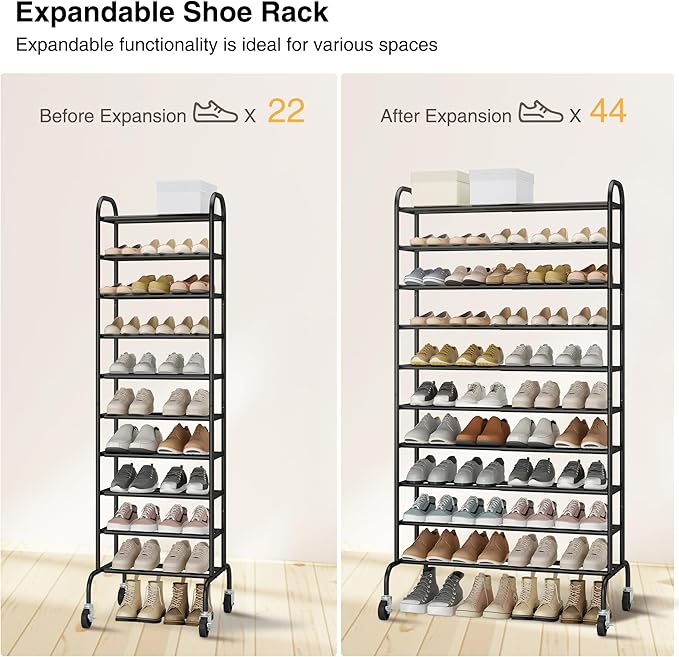 STO STO Expandable Shoe Rack, 10-Tier Metal Tall Shoe Rack for Garage, Up to 44 Pairs Adjustable Shoe Rack Storage for Front Door Entrance, Free Standing Shoe Rack Organizer for Entryway, Black