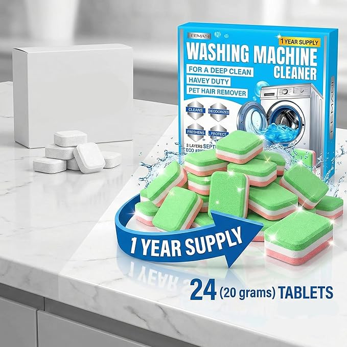EEMANI Washing Machine Cleaner Tablets 24 Pack – Deep Cleaning for HE Front & Top Load Washer, 20g Tablets, Freshener for Drum & Tub – 1 Year Supply