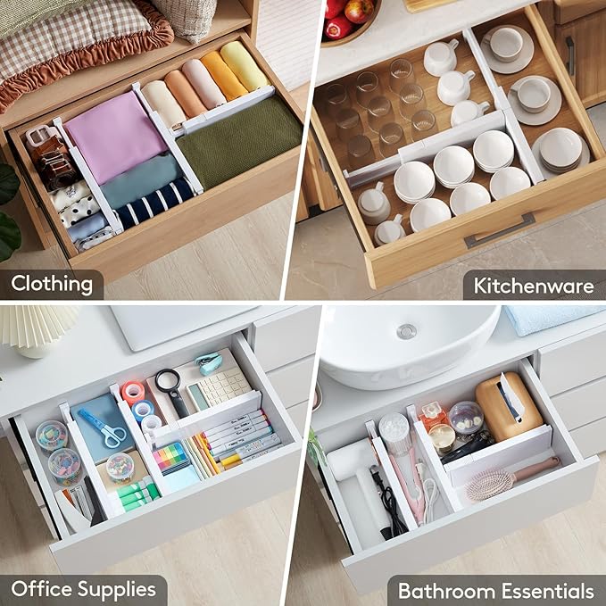 Lifewit 10 Pack 4" High Drawer Dividers 28-43.5cm/11-17" Adjustable Drawer Organizer for Clothes/Utensils, Expandable Drawer Separator in Dresser/Kitchen/Bedroom/Office Organization & Storage White