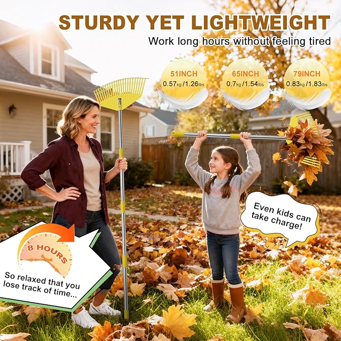 Garden Rake for Leaves - Extra Wide 17" Leaf Rake,Lightweight Long Handle for Women Seniors Kids Effortless Clean-Up,23 Non-Clog Flexible Tines for Lawn-Friendly,80” Adjustable Plastic Rakes for Yard