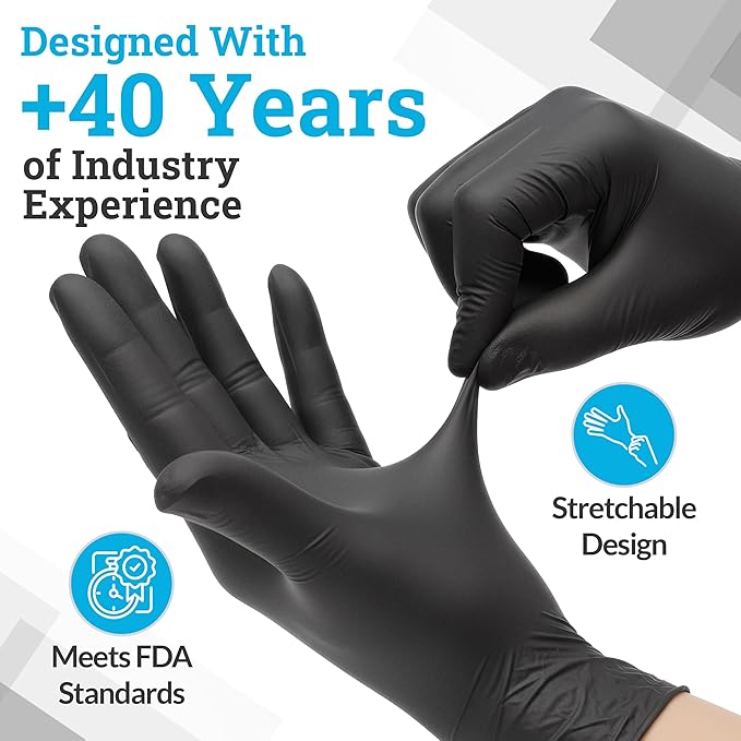 Hand-E Touch Black Nitrile Disposable Latex Free & Powder Free Gloves X-Large, 200 Count - BBQ, Tattoo, Hair Dye, Cooking & Mechanic Gloves
