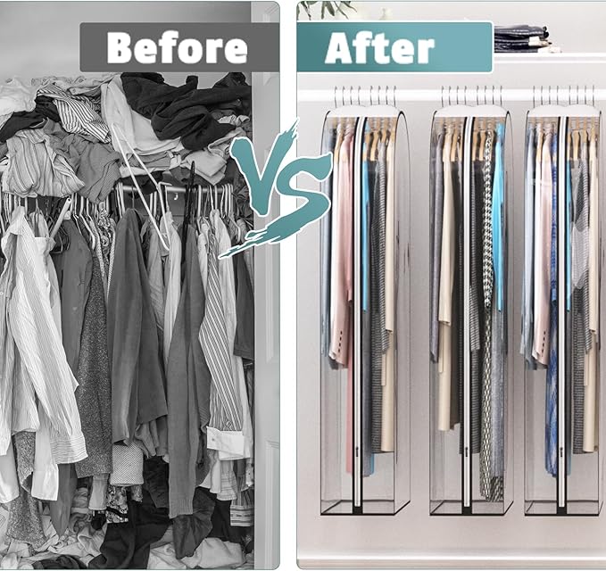 Liuoud Clear Garment Bag for Hanging Clothes 10” Gusseted, 40&60” Suit Bags for Open Closet Storage Plastic Clothes Cover for Coat, Dress, Shirts, Fur, Jacket, Wardrobe Protectors, 4 Pack