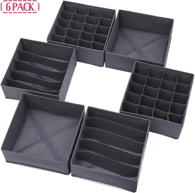 DIOMMELL 6 Pack Foldable Cloth Storage Box Closet Dresser Drawer Organizer Fabric Baskets Bins Containers Divider for Clothes Underwear Bras Socks Lingerie Clothing, Dark Grey 22-2000