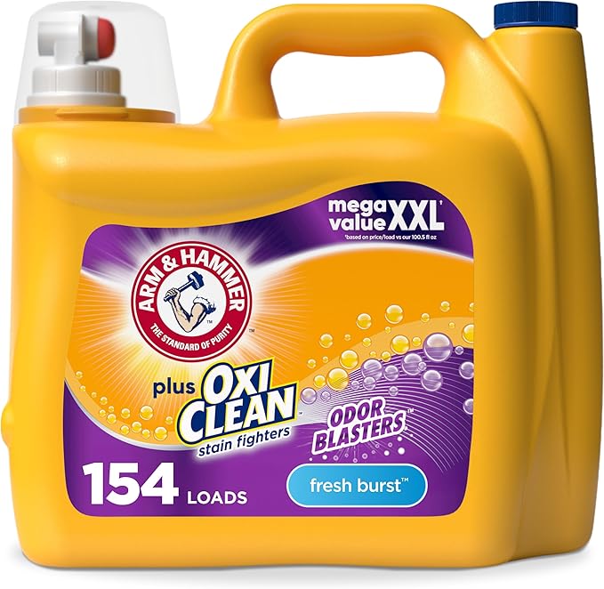 ARM & HAMMER Plus OxiClean with Odor Blasters Liquid Laundry Detergent, Laundry Odor Remover, Attacks Stains, Fresh Burst Scent, 154 Loads, 200.2 Fl Oz