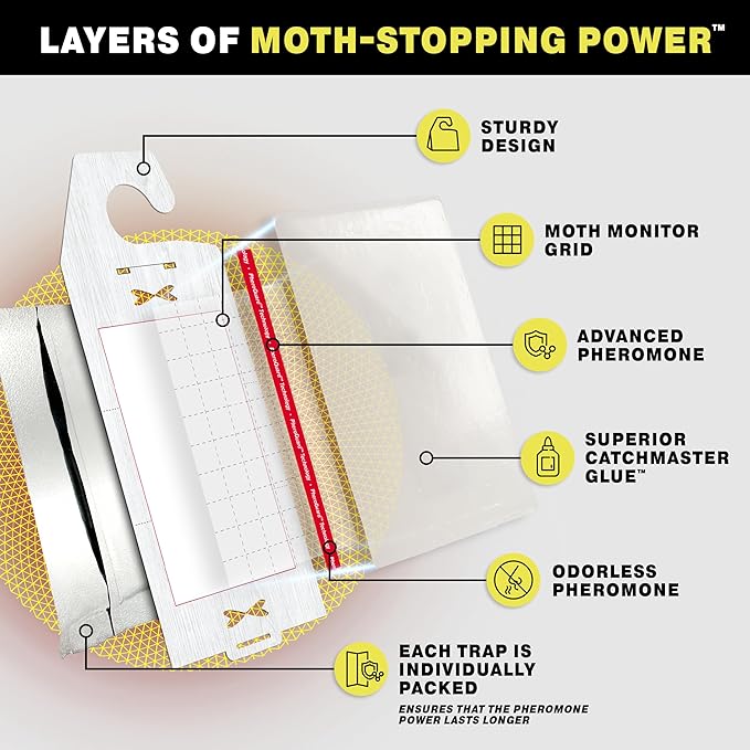 Catchmaster Clothing Moth Traps with Premium Extra Strength Odorless Pheromone Technology – XL Hardwood Design, Extra-Strength Glue – Traps & Targets Casemaking and Webbing Moths - 6-Pack