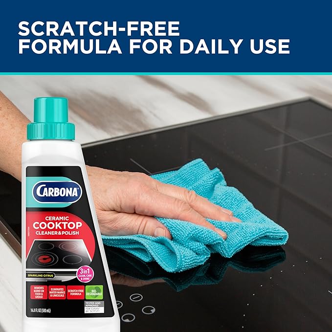 Carbona Ceramic Cooktop Cleaner | Grease & Burnt-On Food Remover | Non-Abrasive Formula | 16.8 Fl Oz, 3 Pack