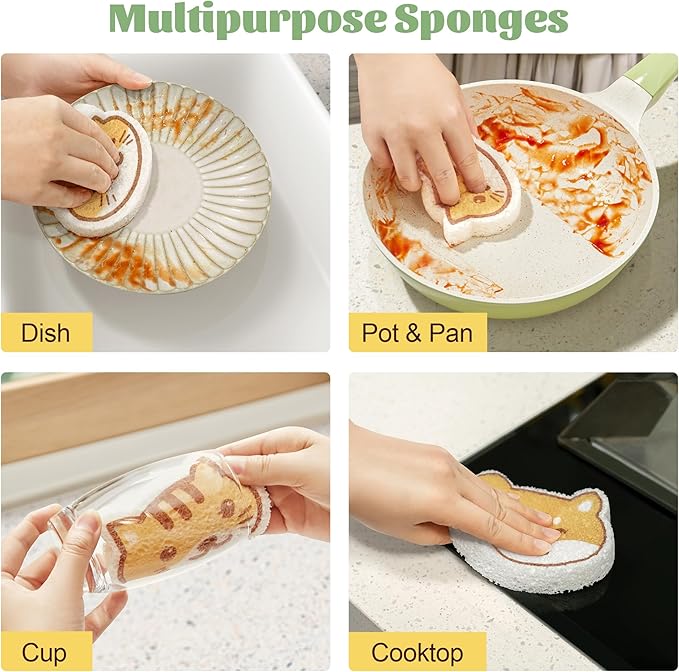JOYMOOP Cartoon Kitchen Sponge, Cellulose Sponges for Cleaning, Non-Scratch Sponges for Dishes, Reusable Sponge for Household Cleaning - 9 Pcs Mixed Pattern (Kitten, Doggy and Piggy)