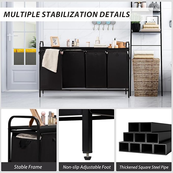 4 Section Laundry Hamper with Shelf, Laundry Basket Organizer with 4 Pull-Out Removable Bags 4×11.5Gal(43.4L), Laundry Sorter for Clothes Organization in Bedroom, Laundry Room, Black