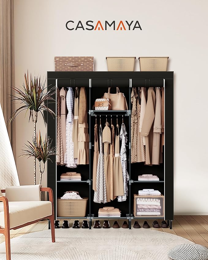 CASAMAYA Portable Closet, 51.2 Inch Large Capacity Wardrobe Closet with Cover, Clothes Storage Organizer with Shelves and 3 Hanging Rods, Easy to Assembly, Black PCT203B01