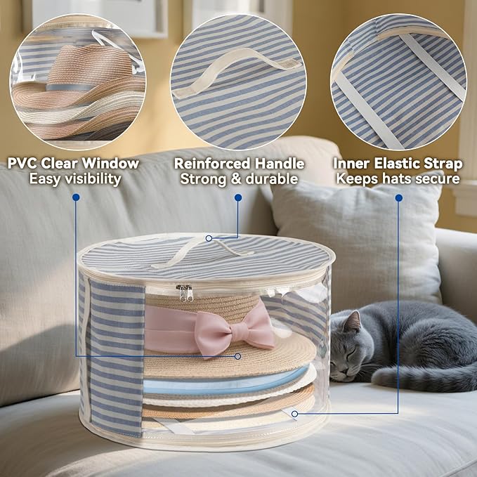 2 Pack Hat Storage Box with Clear Window, Holds up to 7 Caps Cowboy Hat Organizer Bag for Closet for Wide Brim Hats with Carrying Handles, Blue