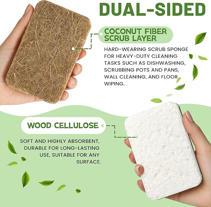 12 Count Plant-Based Kitchen Sponges, Compostable Cellulose Sponge, Biodegradable Sponges for Dishes, Non-Scratch Cleaning Sponges for Kitchen, Bathroom, Household Cleaning