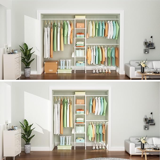 Ulif M1 Closet Storage Organizer System, 6 Tiers Heavy Duty Metal Garment Rack with 3 Expandable Hanger Rods, Wall Mounted Space Saver Suits from 5.4-8.7 ft. Width, 71.2”H x 14”D, 700LBS, White