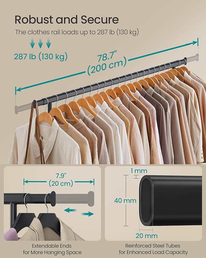 SONGMICS Clothes Rack with Wheels, Heavy-Duty Clothing Rack for Hanging Clothes, Portable, 17.7 x (63-78.7) x 63.6 Inches, with Extendable Hanging Rail, 330 lb Load Capacity, Black UHSR175B01