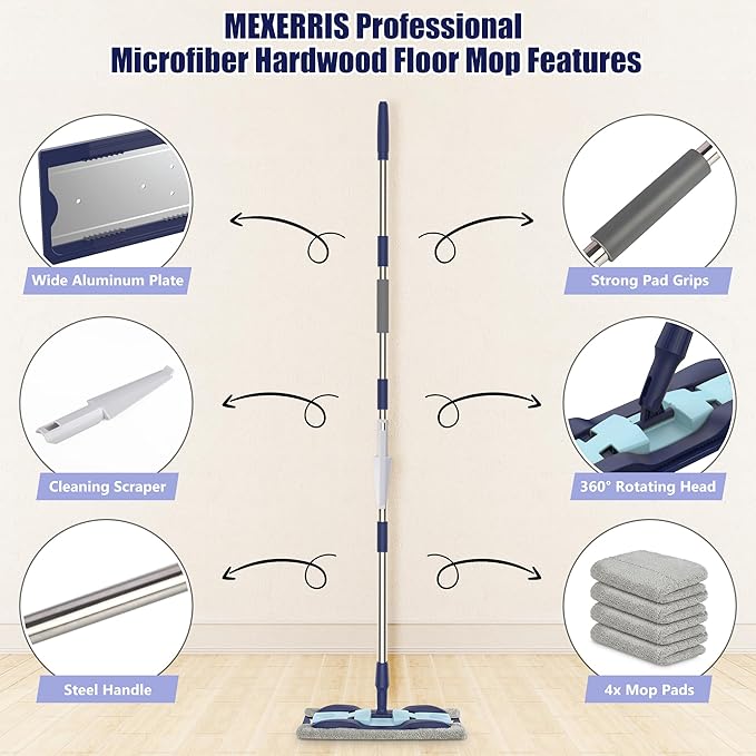 Microfiber Mops for Hardwood Floor Cleaning: MEXERRIS Flat Floor Mop with 4 Washable Pads 59" Adjustable Handle - Dust Dry Mop for Kitchen BathroomTile Laminate Wood Vinyl - Home Commercial Mops