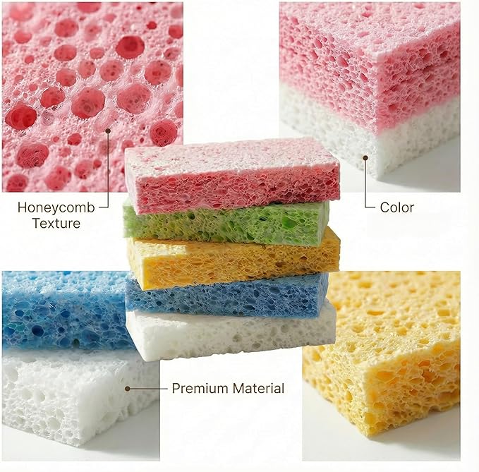 Kitchen Sponges- Heavy Duty Cellulose Scrub Dish Sponge for Tough Messes, Scratch Free & Durable, 100% Biodegradable Pop Up Eco Sponges DIY, 5 Colors Sponges