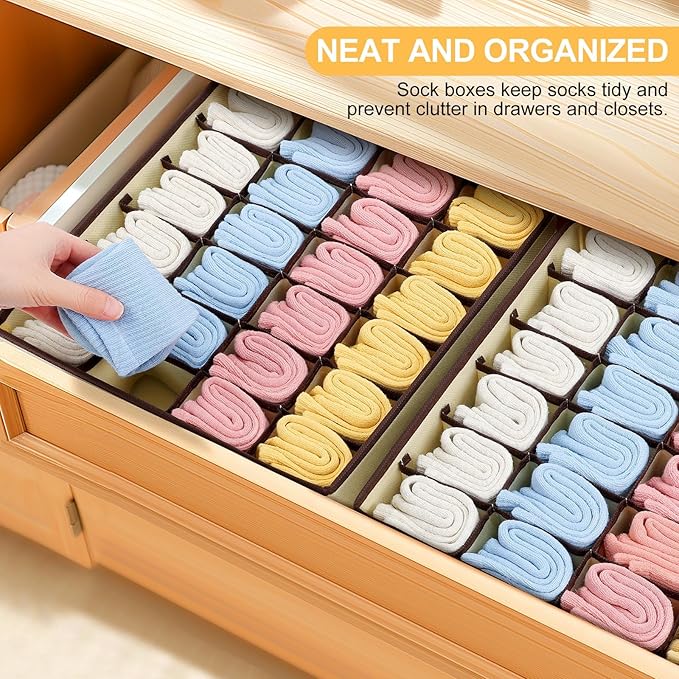 Sock Organizer 4 Pack, Large Sock Drawer Divider, Underwear Storage 24 Cell Closet Organizers and Storage for Wardrobes, Drawers. (Beige)