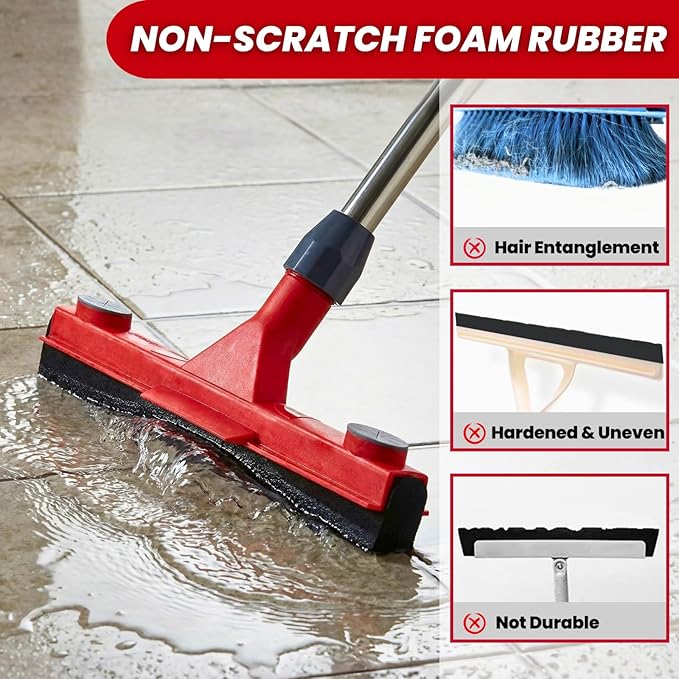 Floor Squeegee with 2 Replaceable Heads – 17'' EVA Foam Blade for Uneven Surfaces, 62'' Long Handle, Built-in Towel Clip, Non-Scratch Heavy Duty Squeegee Broom for Garage, Window, Tile, Patio & Shower