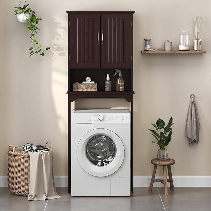 Yaheetech Over The Toilet Storage with 2 Doors & Adjustable Shelf, Free Standing Toilet Rack Wooden Space-saving Collect Cabinet, Bathroom Furniture, 9Dx24.5Wx66H Inches, Espresso