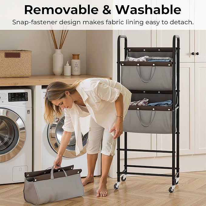 GRANNY SAYS 3 Tier Laundry Sorter, Laundry Hamper with Wheels, Laundry Room Organization and Storage, 3 Section Rolling Laundry Cart for Dorm, Bathroom, Bedroom, Closet, Grey