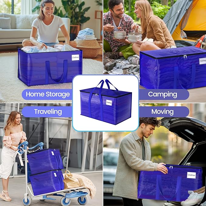 FabSpace Moving Storage Bags, Moving Supplies Packing Boxes for Moving, Camping, College Dorm Room Essentials for Girls, Blue Tote Bags, Heavy-Duty Storage Bins With Lids And Zippers, 76L 2 Pack