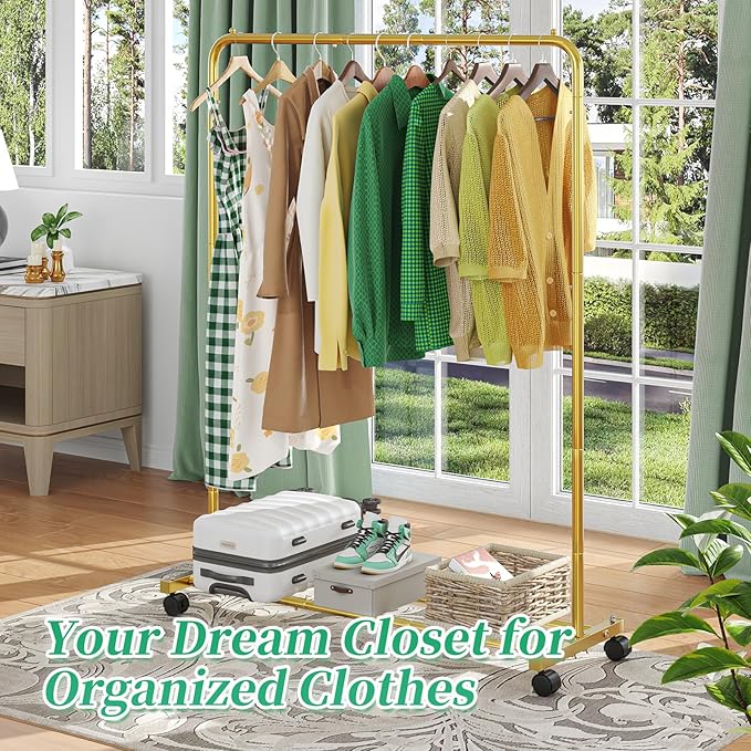 Simple Trending Standard Clothes Clothing Garment Rack with Storage Shelves, Rolling Clothes Organizer on Wheels for Hanging Clothes, Gold