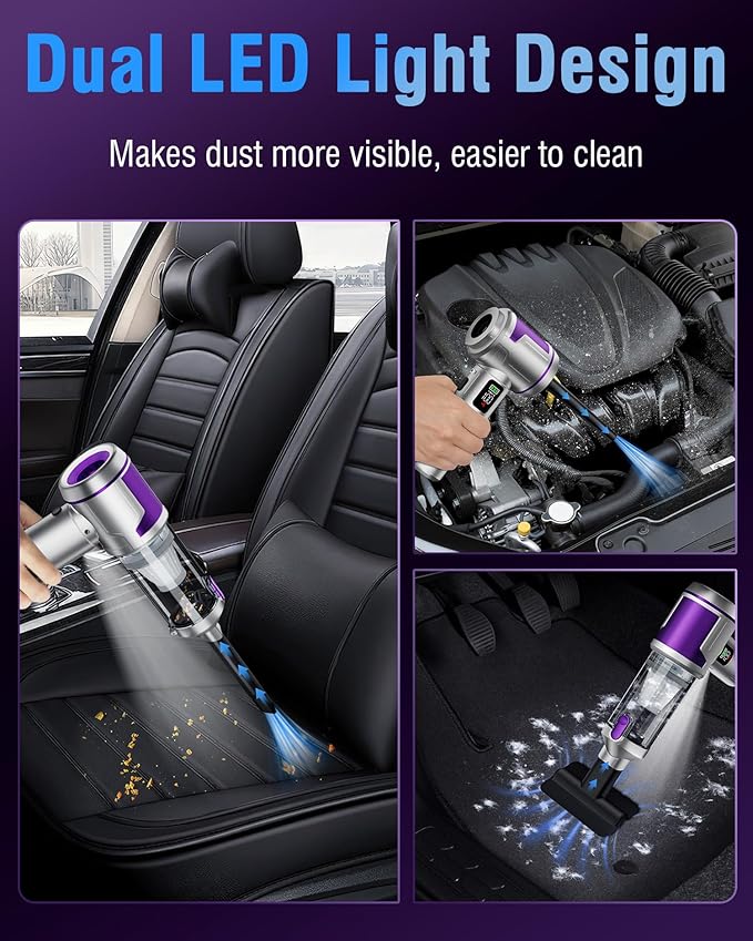 Handheld Car Vacuum Portable Cordless, 22000Pa High-Power Suction Hand held Vacuum Cleaner & Air Duster for Car Cleaning, Home, Office, Pet Hair | Multi-Nozzle, Washable Filter, LED Light