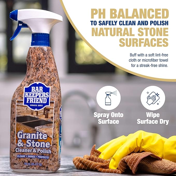Bar Keepers Friend Stone & Granite Cleaner and Polish (25.4 oz) Plus 1 Microfiber Cloth, 2pc Cleaning Kit, Multi Surface Cleaner for Use on Natural, Manufactured & Polished Stone Countertops