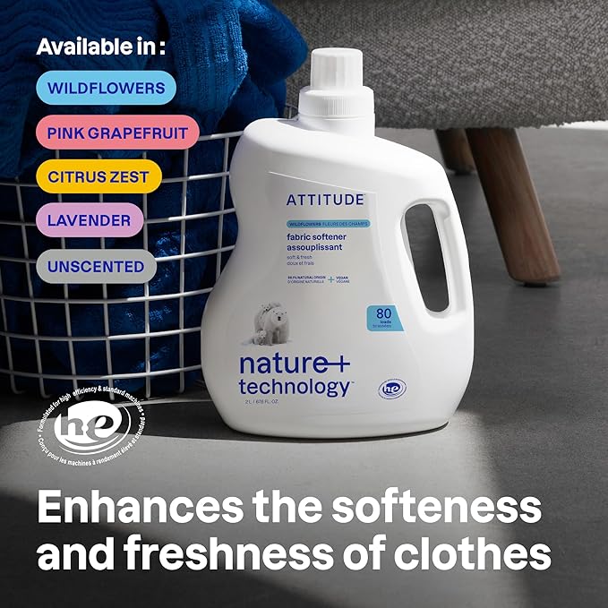 ATTITUDE Liquid Fabric Softener,Plant-Based & Vegan,HE Compatible,Naturally Derived,Wildflowers Scent,80 Loads,67.6 Fl Oz,(Pack of 2)