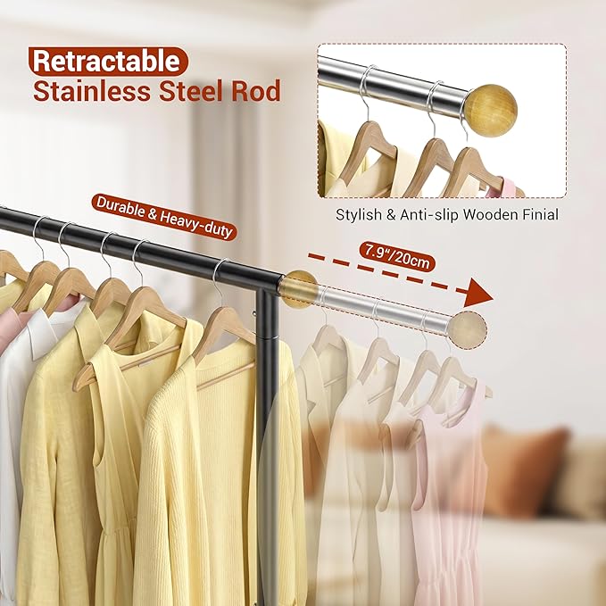 Rolling Garment Rack - Retractable Clothes Rack with Hanging Rods, Lockable Wheels and Bottom Storage Shelf - Sturdy Coat Rack, Freestanding Clothing Organizer for Bedroom, Laundry & Closet