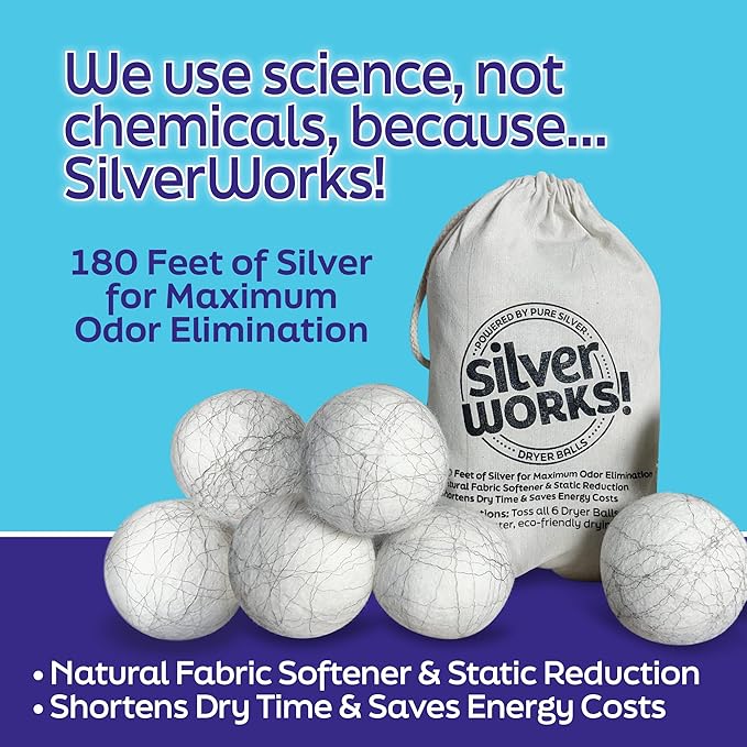SilverWorks! Wool Dryer Balls Laundry Reusable - Odor Eliminating Dryer Laundry Balls with Silver Technology - Natural Fabric Softener and Static Reducer, Reduce Drying Time and Energy Costs - 6 Pack