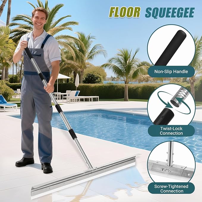Heavy-Duty 33.4" Floor Squeegee for Concrete, Industrial Silicone Blade Squeegee for Floor with 63" Stainless Handle, Anti-Splash Curved Baffle Design for Garage, Factory, Warehouse
