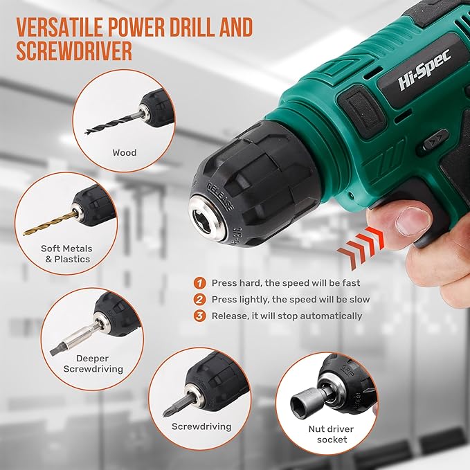 Hi-Spec 8V Cordless Drill Set & Tool Kit for Men – Power USB Rechargeable Electric Drill Driver, Compact Hand Toolbox with Essential Tools, Green, Ideal for Home Improvement