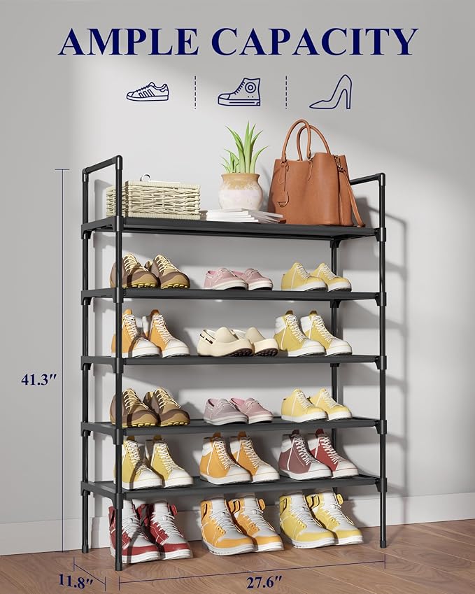 Kitsure Shoe Rack - 5-Tier Shoe Organizer, Shoe Rack for Closet, Entryway, Bedroom, Easy- Assembly Storage Shelf with Side Handles, 27.6" Wide - 5 Tiers, Black