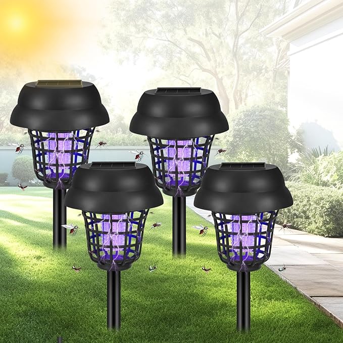 Solar Bug Zapper Outdoor Waterproof Solar Powered Mosquito Zapper Repellent Outdoor Patio,Cordless & Auto On/Off Small Fly Insect Zappers for Garden Backyard Gnat Bug Lamp for Outside,Pack of 4