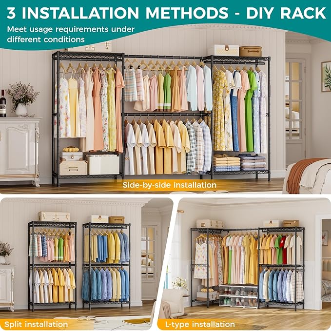 SINGAYE Clothes Rack Portable Closet Coat Wardrobe Heavy Duty Clothing Racks System Organizers and Storage for Hanging Clothes Garment Rack Adjustable with Shelves 15.8" D*(77-88) W*76.5" H Black