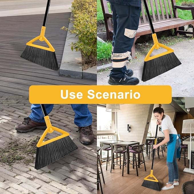 Heavy Duty Angle Broom - Yellow Broom for Outdoor & Indoor, Garage, Driveway, Sidewalk, Kitchen & More, Long Handle