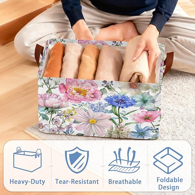 Pink Blue Flowers Storage Baskets,Floral Foldable Organizer Bin with Handles for Home Living Room Bedroom Closet Box 17x11.5x10Inch