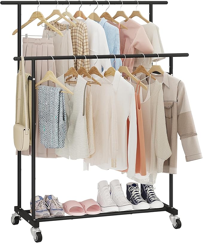 Calmootey Double Rod Clothing Garment Rack,Rolling Hanging Clothes Rack,Portable Clothes Organizer for Bedroom,Living Room,Clothing Store,Black