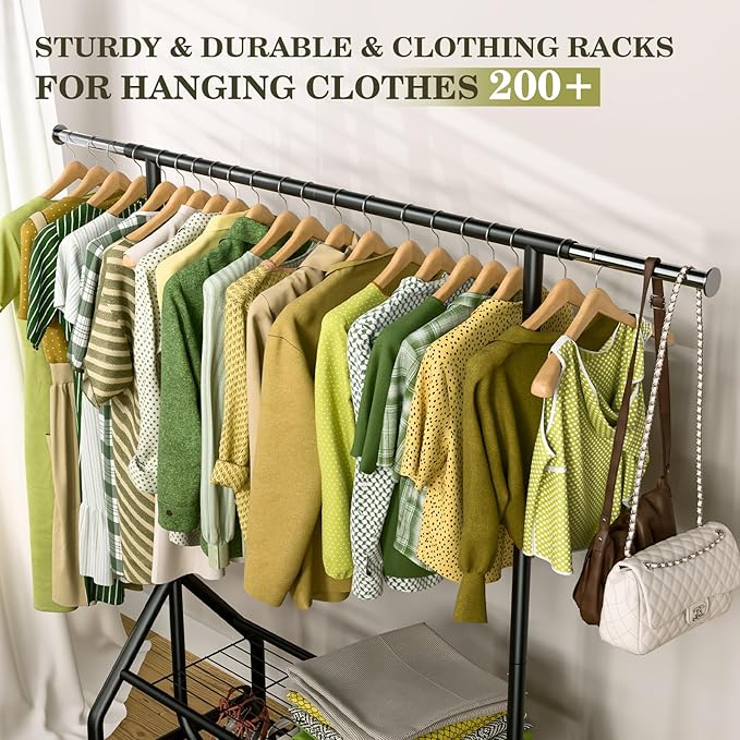 Holiwei Clothes Rack with 2 Shelves, Heavy Duty Garment Rack Load 450 LBS, Standing Rolling Metal Hanging Clothes with Sturdy Wheels & Shelves