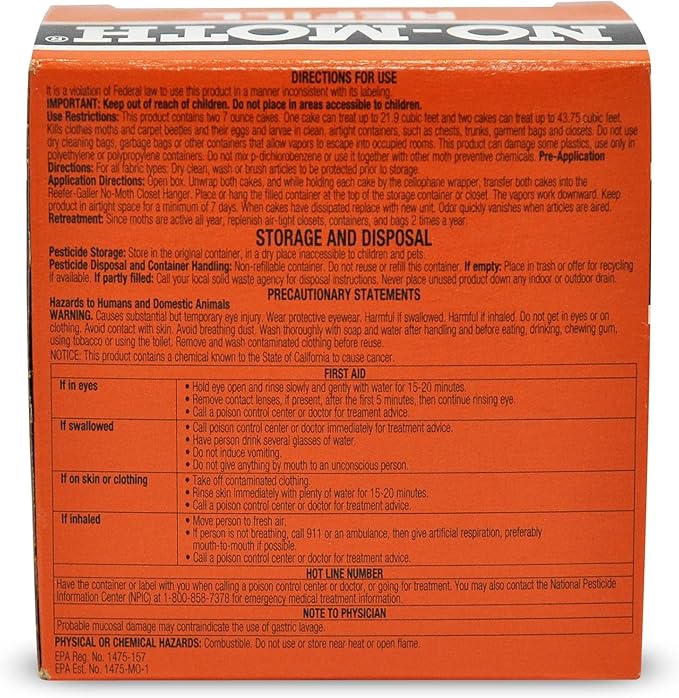 NO Moth Closet Hanger Refills - Kills Clothes Moths, Carpet Beetles, Eggs & Larvae (2 Moth Cakes, Pack of 6)