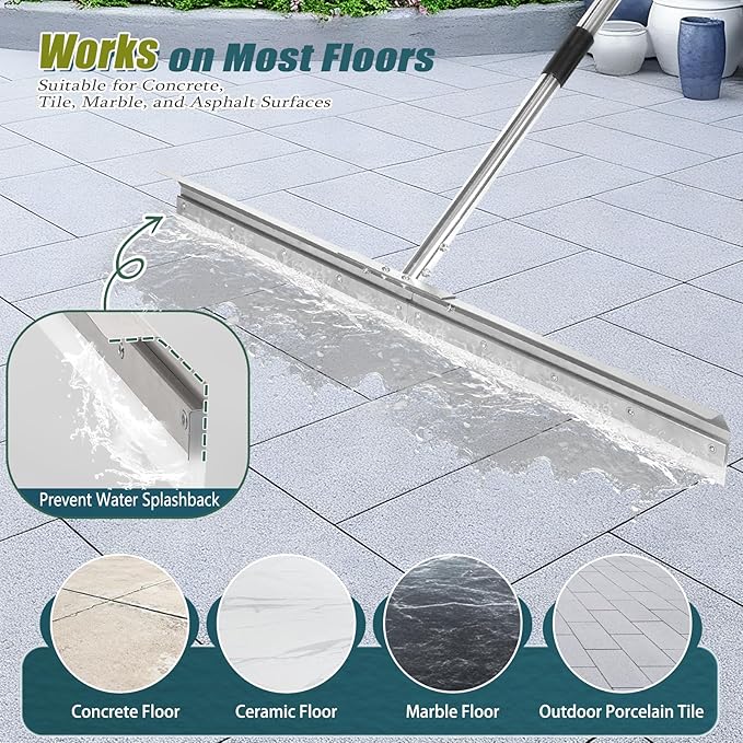 Heavy-Duty 33.4" Floor Squeegee for Concrete, Industrial Silicone Blade Squeegee for Floor with 63" Stainless Handle, Anti-Splash Curved Baffle Design for Garage, Factory, Warehouse