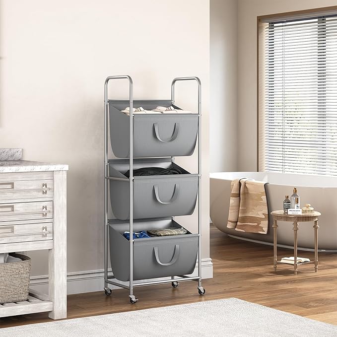 ELYKEN 120L Vertical Rolling Laundry Hamper with Removable Bags, 3 Section Laundry Baskets with Wheels, Space-Saving 3 Tier Laundry Sorter for Small Spaces, Dorm, Bedroom, Bathroom, Laundry Room