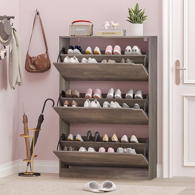 BORNOON Shoe Cabinet with 3 Flip Drawers, Hidden Wood Shoe Cabinet,Freestanding Shoe Storage Cabinet for Entryway Hallway