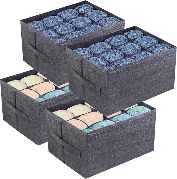 EASEVE 4Pcs Closet Organizers and Storage Bins for Clothes - 12 Cell Drawers Organizer Grid Storage Box for Jeans Pants Sweater T-shirts, Wardrobe Shelf Dividers Closets Organization