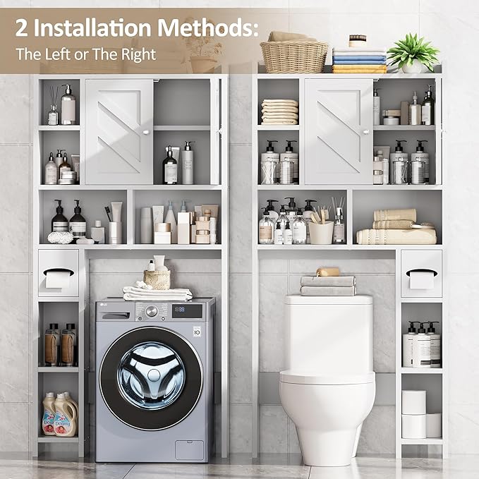 Meilocar Over the Toilet Storage Cabinet, Freestanding Storage Cabinet Over Toilet, Bathroom Storages Organizer Cabinets with Toilet Paper Holder Stand and Adjustable Shelf, White
