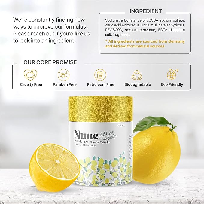 Nune Multi-Purpose Cleaner Refills - All Purpose Cleaning Tablets 6 Pack - 144 fl oz total (24 fl oz each) - Shower, Counter, Floor, Furniture, Bathroom - Non-Toxic and Effective - Lemon Fragrance
