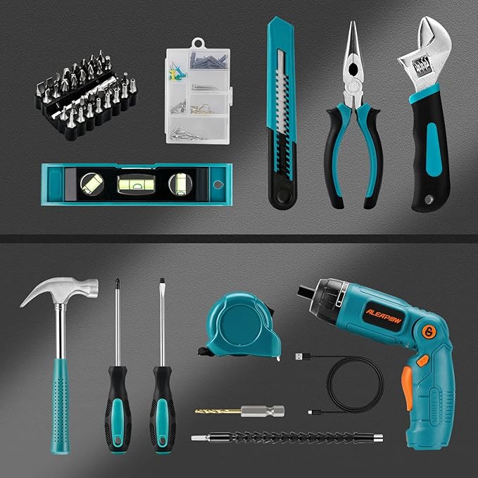 ALEAPOW 124PCS 4V Cordless Screwdriver Tool Kit Set, 6+1 Torque Setting, Adjustable 3 Position, 4Nm Electric Screwdriver, Flexible Shaft, Hand Tool Kit for Home with Storage Toolbox